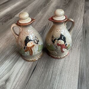 Vinegar & Oil Decanter Ceramic Bless Us One and All Holiday Snowman Winter‎